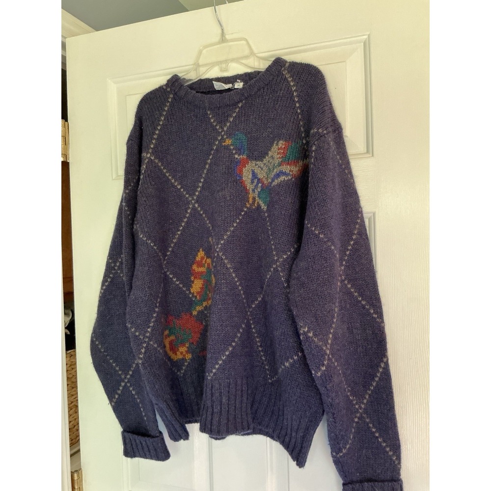 Vintage 100% Wool Argyle Sweater With Duck‎ Mallard Navy Blue Hong Kong - Picture 3 of 9